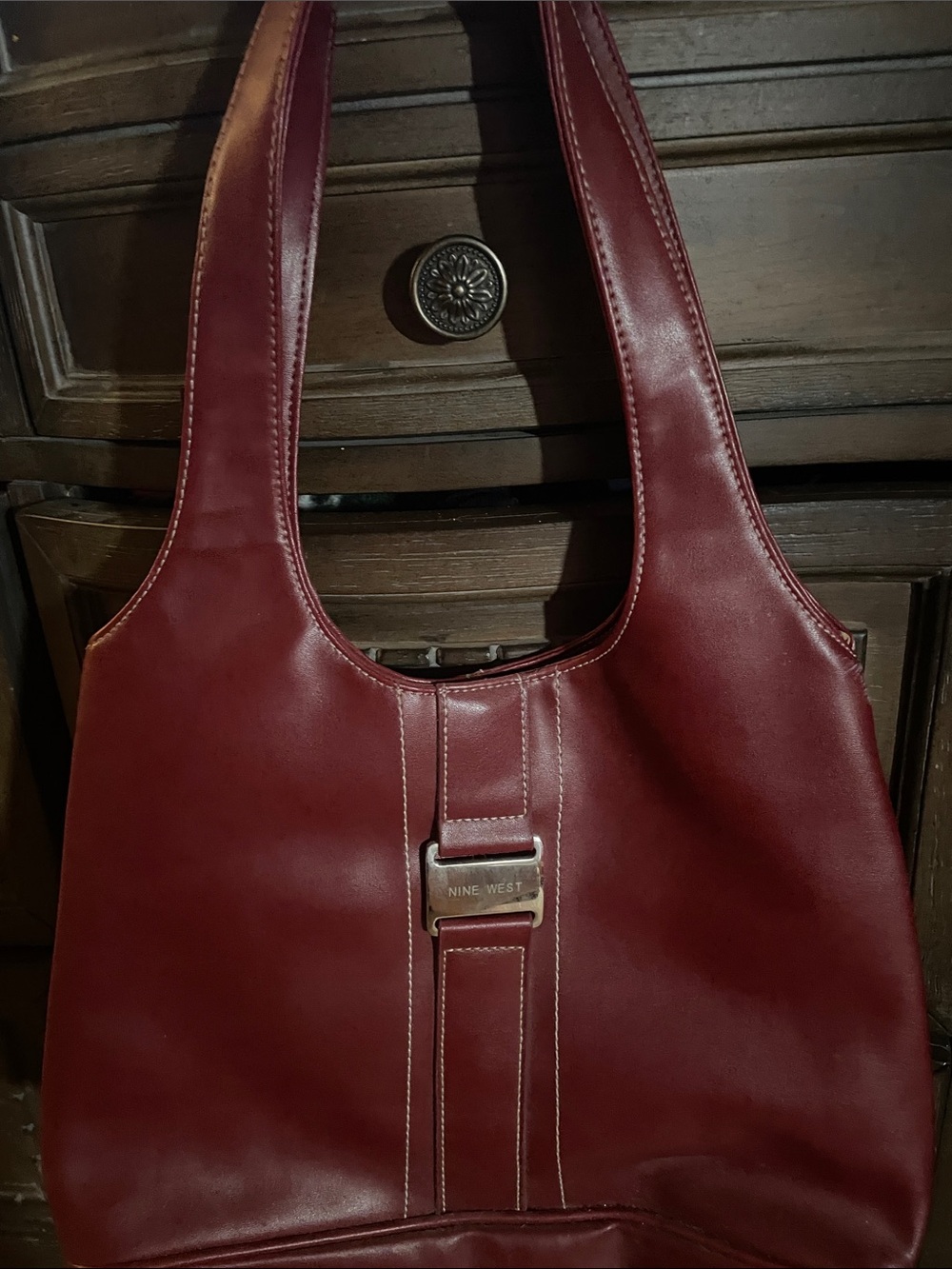 Nine West Deep Wine Leather Shoulder Tote